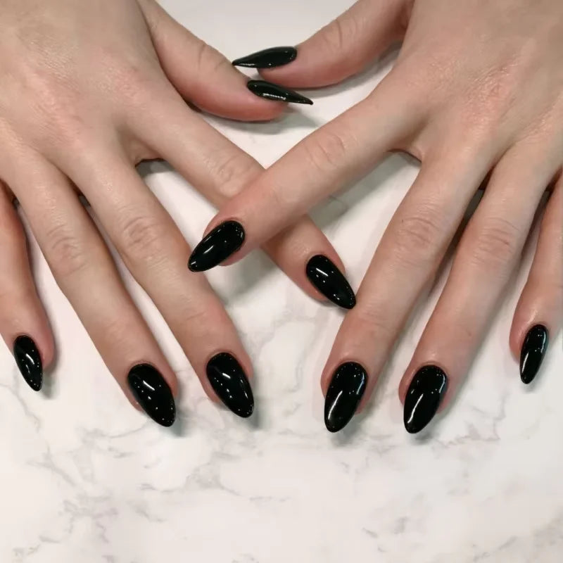 Black Glossy Press-On Nails — Almond (24 pc)