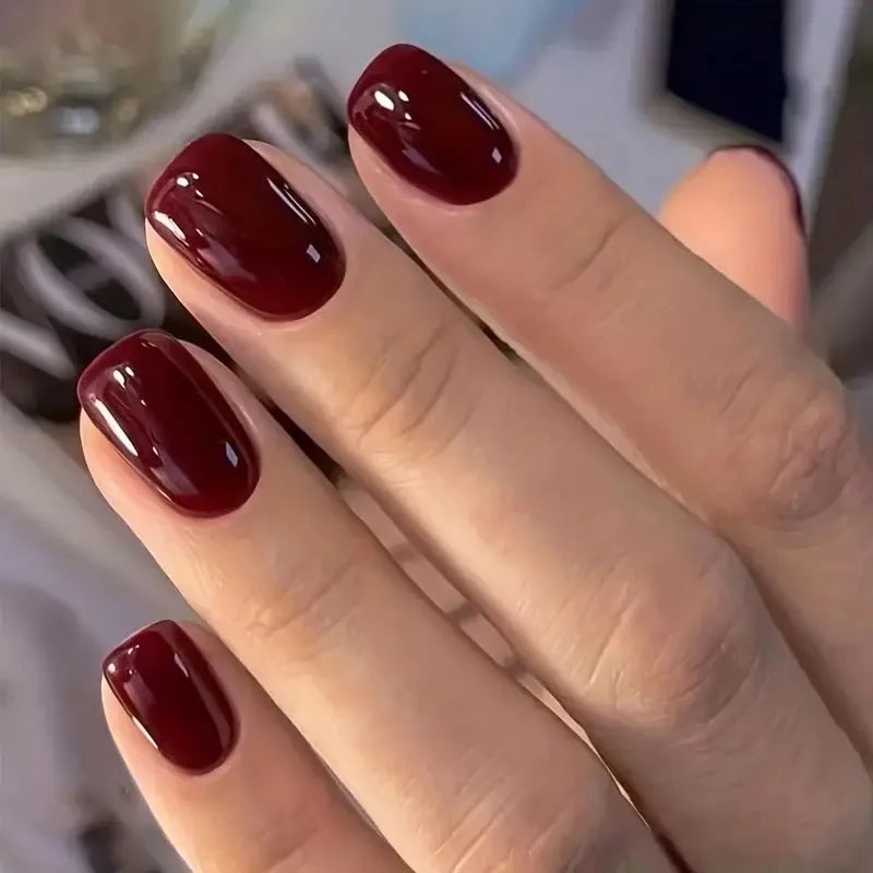 Wine Red Press-On Nails — Short Square (24 pc)