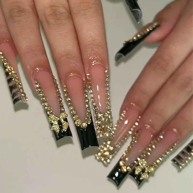 Long French Press-On Nails — Coffin, Butterfly Rhinestone