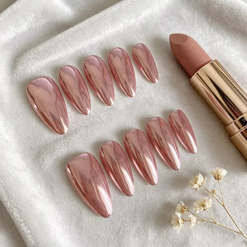 Rose Gold Chrome Press-On Nails — Almond (10 pc)