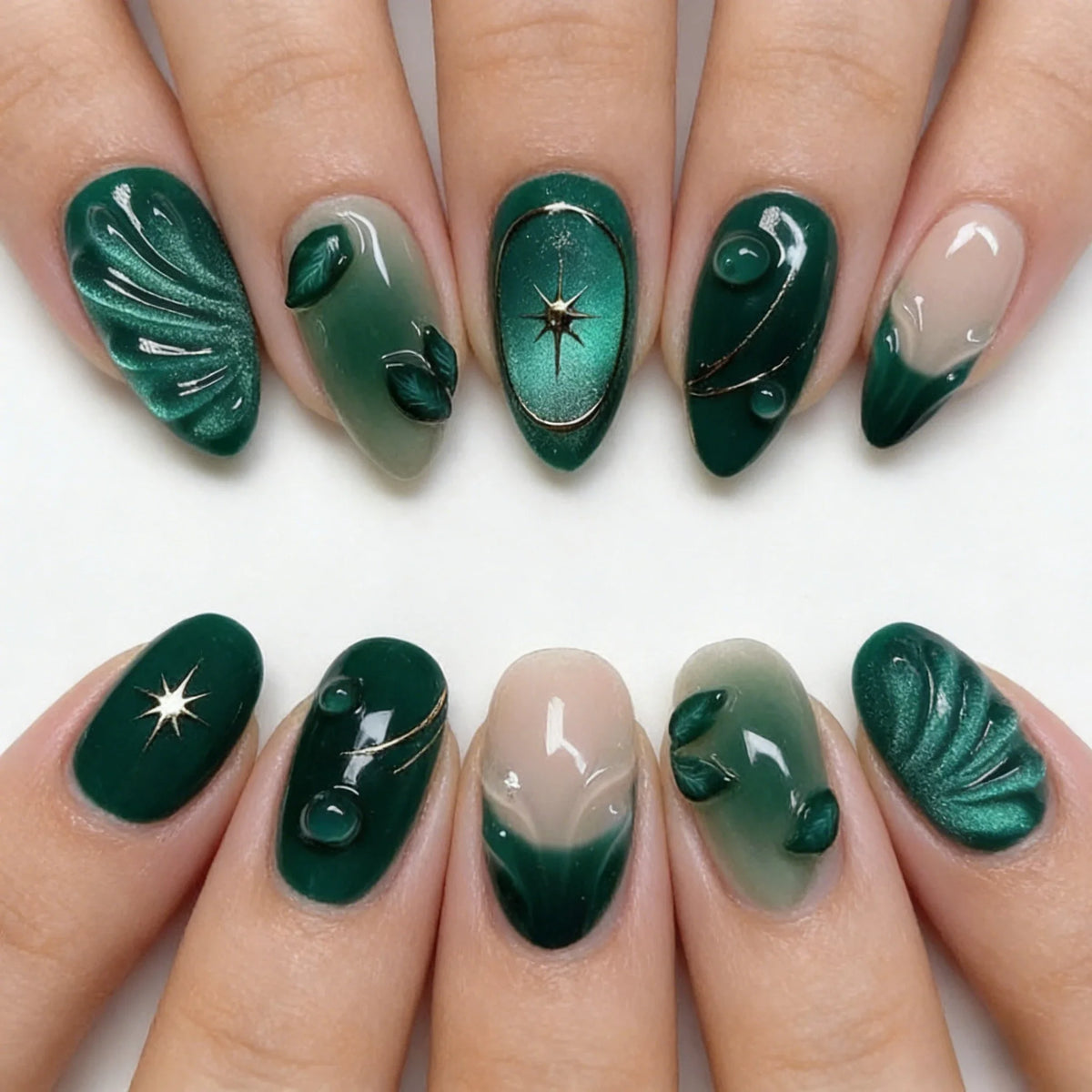 Green Cat-Eye French Press-On Nails — Almond (24 pc)